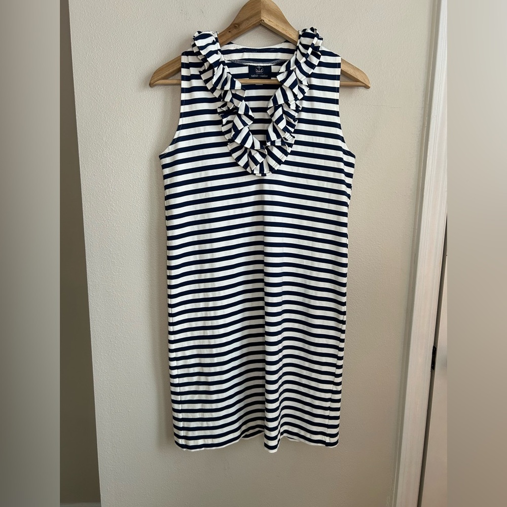 Sailor Sailor Skipper Sleeveless Ruffle Neck Dress White Navy Blue Striped XS